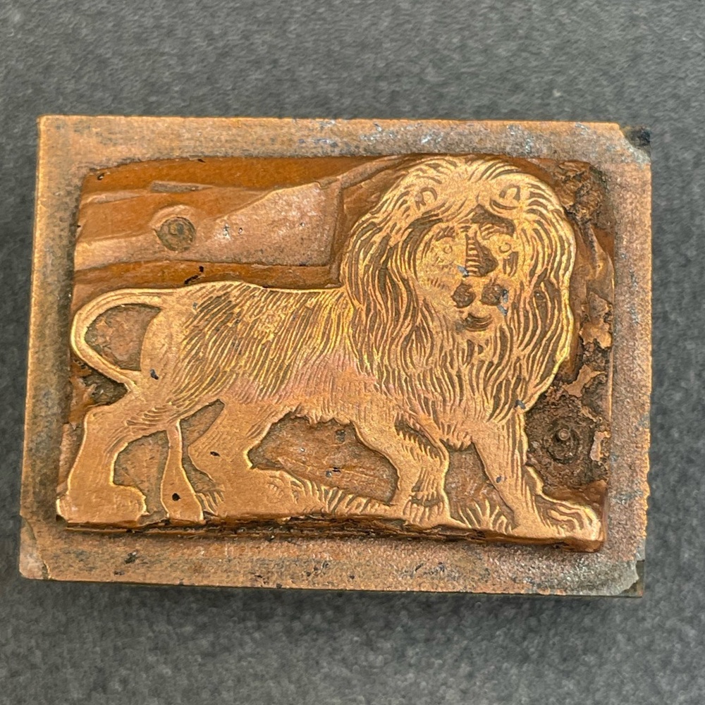 Beautiful, Antique Copper Etching of Lion Mounted on Wood Typeset Piece